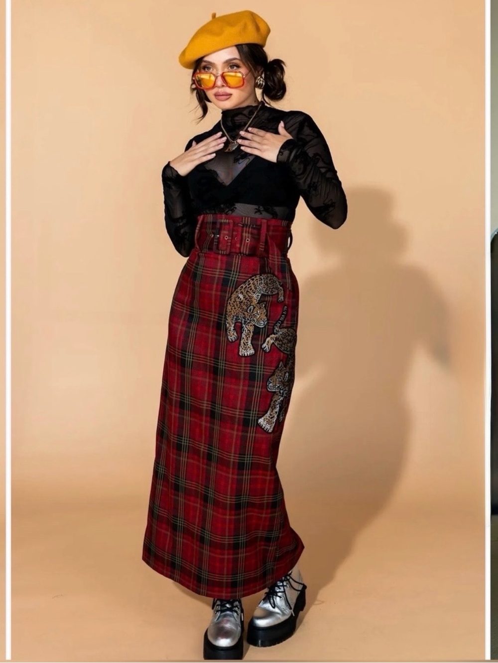 Dressed in LALA Red Plaid Maxi Skirt with Leopard Appliqué, Size Small